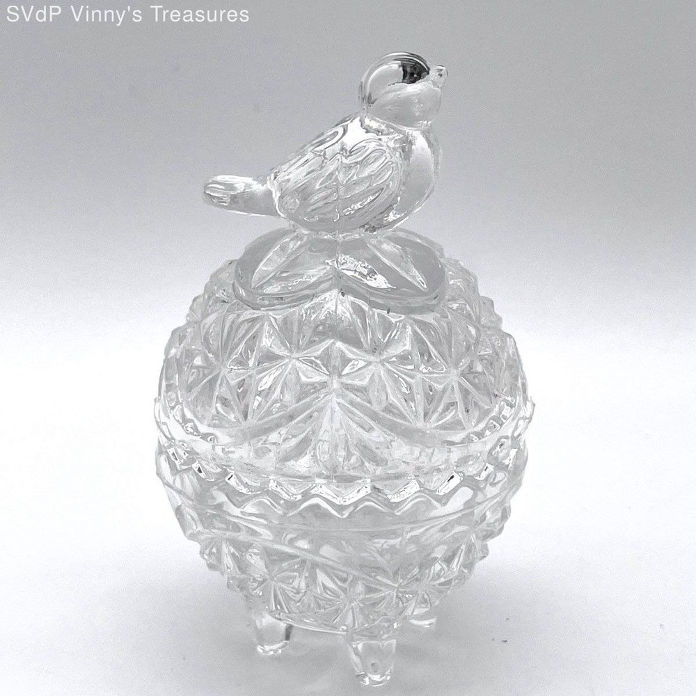Vintage Clear Pressed Glass Bird Covered Candy Dish Trinket Box Pedestal Footed